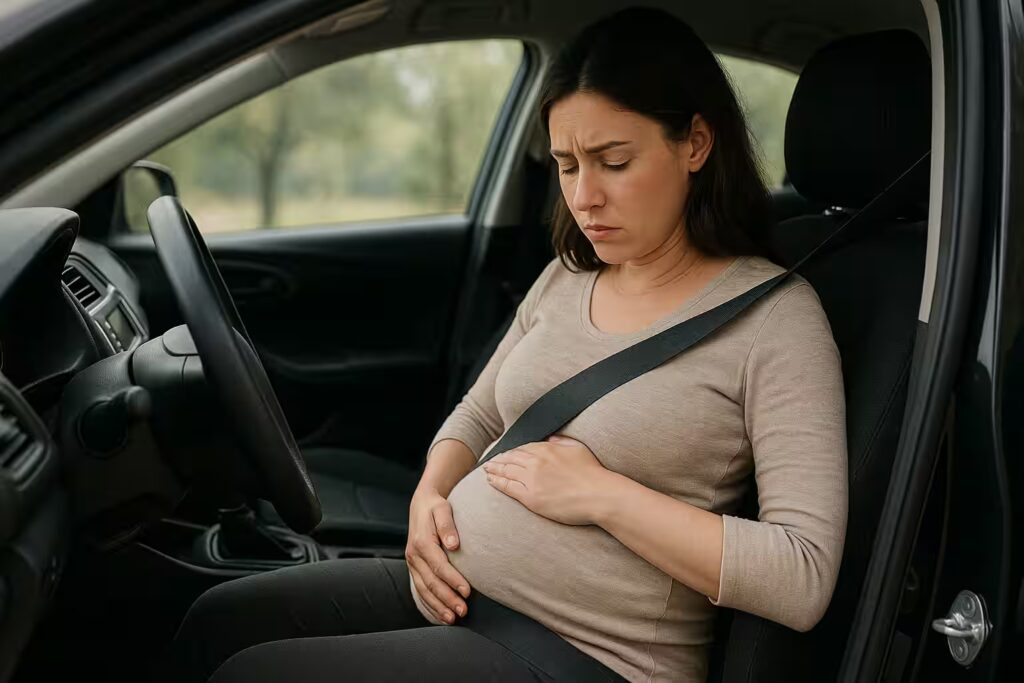Bump Belts Might Be Unsafe in Pregnancy 1 A side-view photo of a pregnant woman sitting in the driver’s seat of a car, hands on her bump, looking down at her seatbelt with a concerned expression. The seatbelt is positioned correctly across her hips and chest. Soft daylight filters through the window.