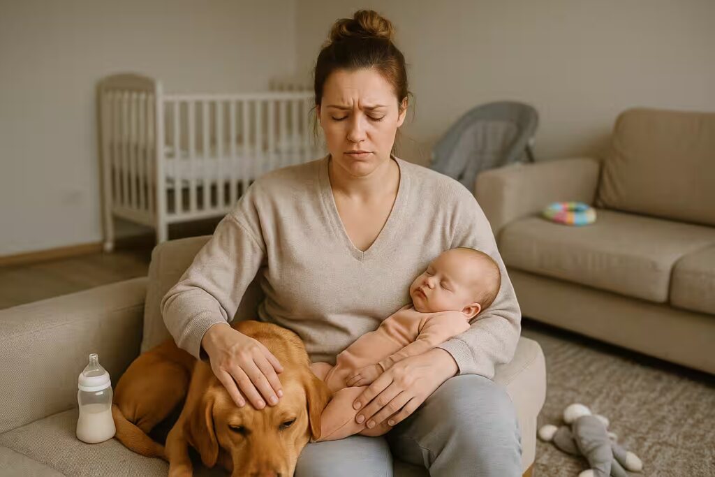 A tired mum in loungewear sits on the couch with a baby on one arm and a dog resting its head on her knee. The room looks lived-in, with baby gear and dog toys scattered around, capturing the chaos and closeness of new parent life.