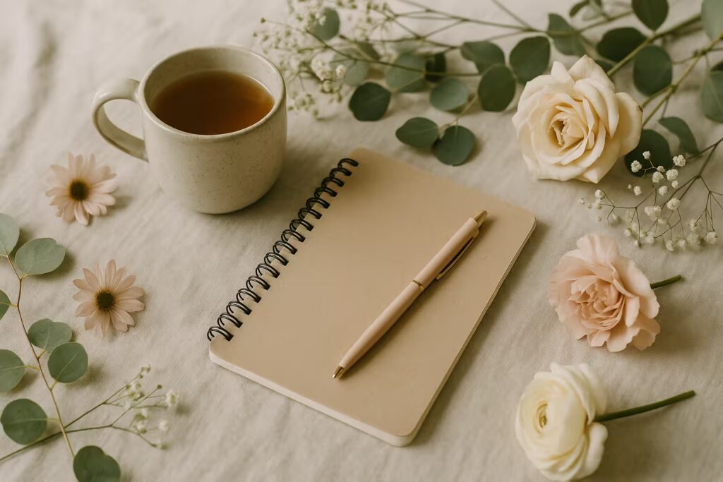 Mental health support forum banner with a peaceful scene â€” journal, flowers and tea for overwhelmed mums.