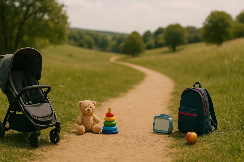 Parenting by stage banner with a winding pathway and parenting icons symbolising the journey from pregnancy to school-age.