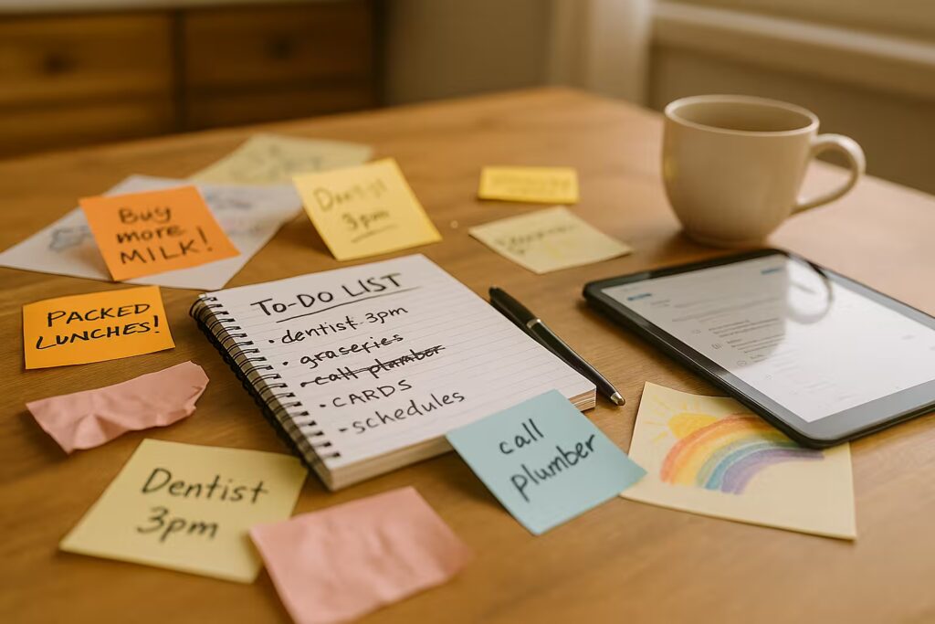 Parenting life topics forum banner showing a cluttered kitchen table of to-do lists, school forms and coffee cups, parenting chaos central.