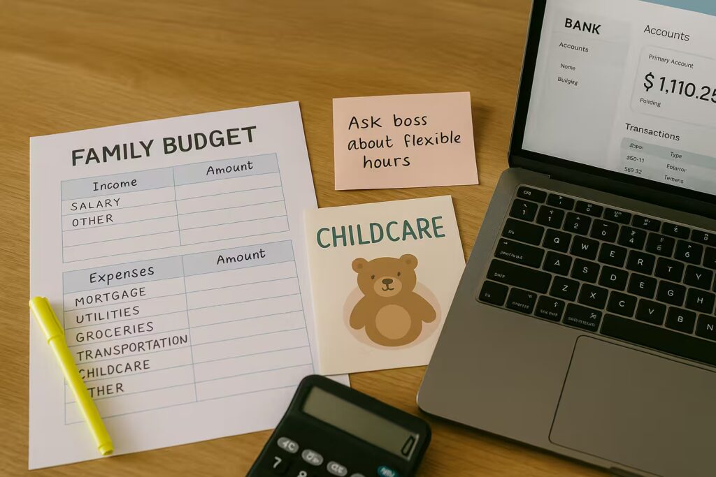 Working mums and childcare forum banner with a desk scene and budgeting notes, laptop and daycare reminders.